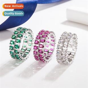 row full red diamd corundu set double women Green ring