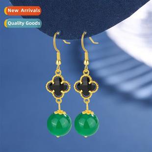 agate four female jadee earrings green clover Natural leaf