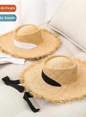 Summer ladies raffia fur trimmed straw hat ccave head flutte
