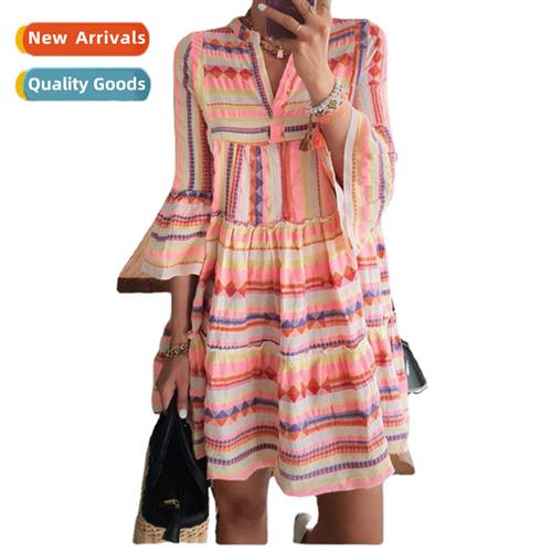 2023 Summer New Womens Dresses Geometric Printed V-Neck Shor