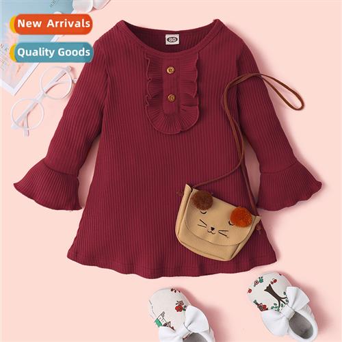 Girls spring  autumn  2021 new fashi solid color flared slee