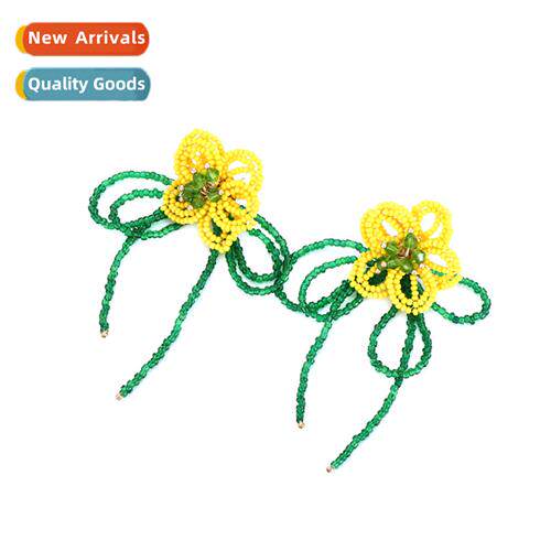 Korean fresh rustic style hmade beaded flowers tassel earrin
