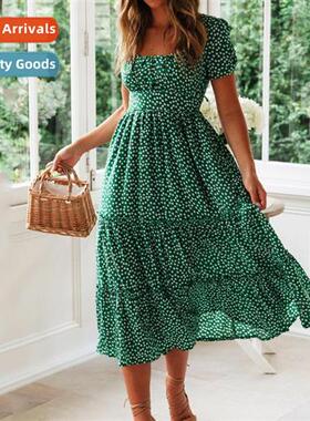 2021 Europe and  Uned States new square neck bubble sleeve f