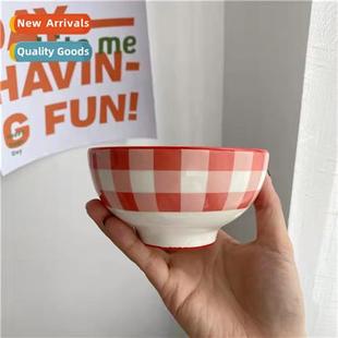 ceramic food retro pers rice bowl plaid red ins Korea