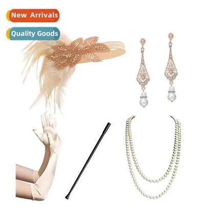 1920s Prom Party Costume Set Hairb Necklace Earrings Gloves