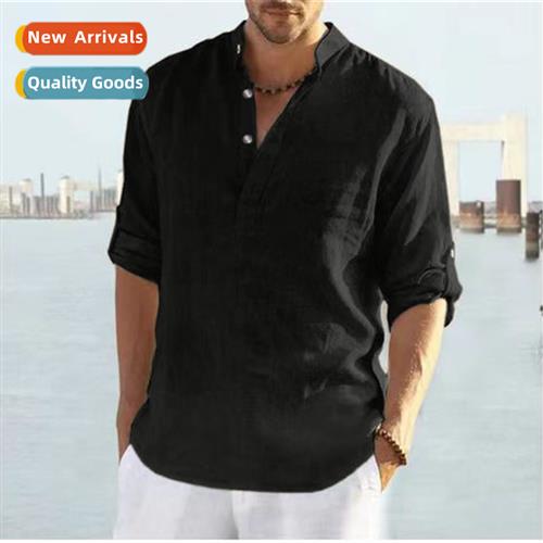 2023 mens polo solid color lg sleeve stand-up collar linen s