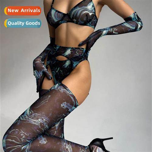 Sexy thin breathable bra set mesh printed lingerie women gar