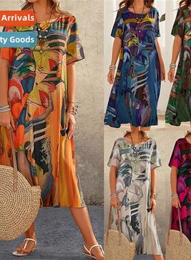 Fashi Casual Printed Dresses Summer Short Sleeve Tunic Round