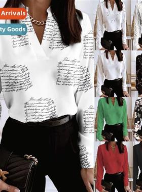 2023 Spring Lg Sleeve V-Neck Loose Printed Blouse Shirt Top