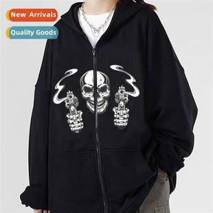 gun skull hoodie dark goth women double men 2022 sweatshirt