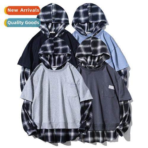 Autumn Hg Kg style fake two s plaid shirt hooded tops studen