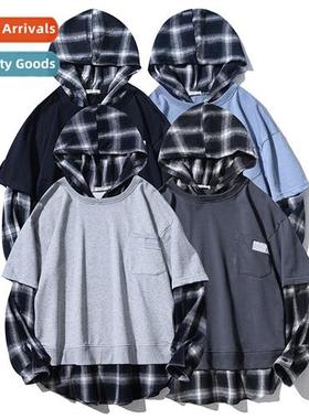 Autumn Hg Kg style fake two s plaid shirt hooded tops studen