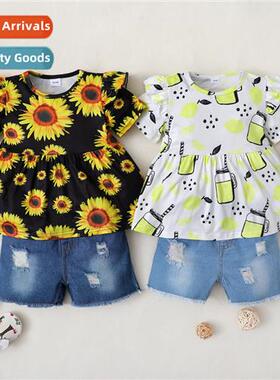 Girls spring  fall  2022 new n sunflower print short-sleeved