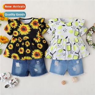 2022 new short spring sleeved print fall sunflower Girls