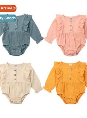 2019ins Baby/Toddler Cott  Linen Solid Color Lg Sleeve Crawl