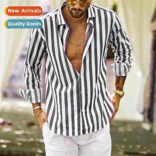 sleeved lapel striped 2023 loose shirt man new