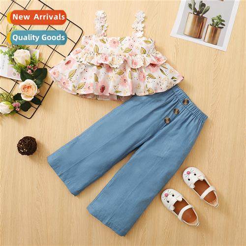 Girls spring  fall 2021 new n sleeveless floral print top +