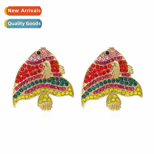 New simple full diamd small fish earrings retro hollow alloy