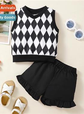 Girls Spring  Autumn 2023 new n plaid print sleeveless top +