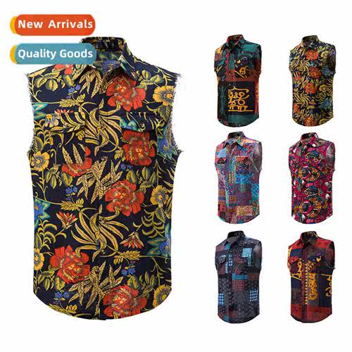 Mens Casual Cott Linen Printed Shirt Sleeveless Cott Plus Si