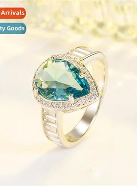 New aquamarine water drop pear-shaped ring female      topaz
