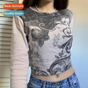 printing nec ins round sleeved retro set womens wind 2023