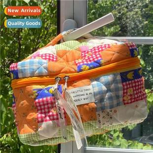 makeup bag students orange style flowers ins Summer Korean