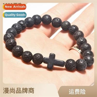 Jewelry European and American Mens Volcanic Ste Agate Cross