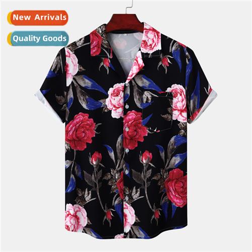 Hawaiian Beach Cuban Neck Ice Silk Draped Digal Printed Casu