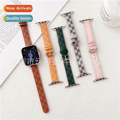 适用apple watch oval buckle skinny plaid leather strap apple