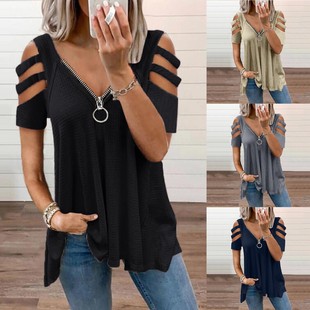 Zipper Color New Solid Sleeve Short Neck Sexy Summer 2023