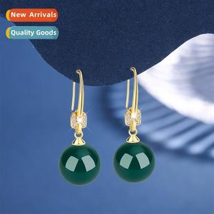 earrings female inlaid Natural plated agate zircia 925 green