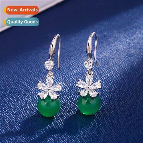 Retro ethnic style natural green agate earrings female natur