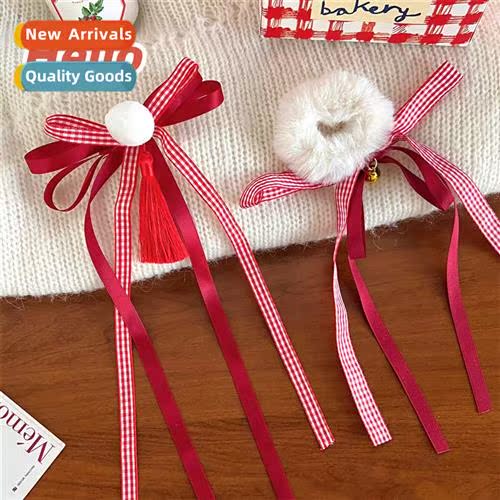Autumn  winter Christmas plush  ring  clips plaid lg ribb  o