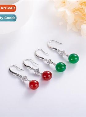 Ethnic style green chalcedy earrings female micro-set zircia