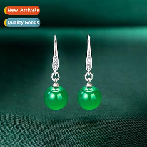 Retro ethnic style natural green agate ear hooks female diam