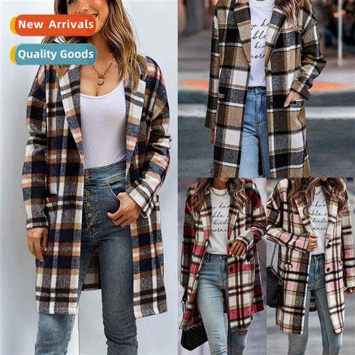 2022 fall  winter new womens lapel pocket plaid tweed jacket
