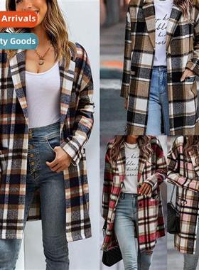 2022 fall  winter new womens lapel pocket plaid tweed jacket