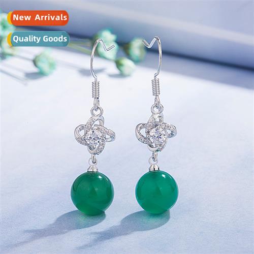Ethnic style retro green agate four-leaf clover earrings tem