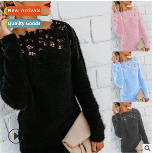 Womens Solid Color Patchwork Lace Lace Lg Sleeve Sweater OM8