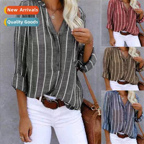 Same Day  Simple Fashi Printed Striped Blouse Shirt Women