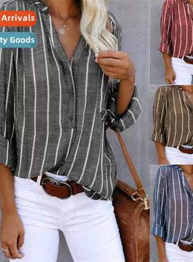 Same Day  Simple Fashi Printed Striped Blouse Shirt Women