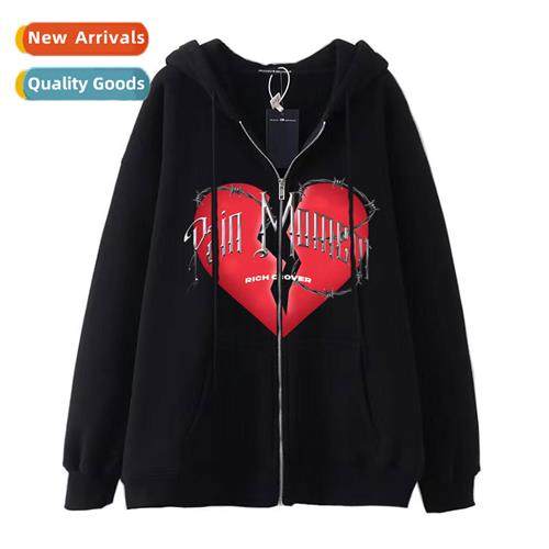 Dark Wind Hip Hop Gothic Harajuku Y2K Heart Print Zipper Hoo