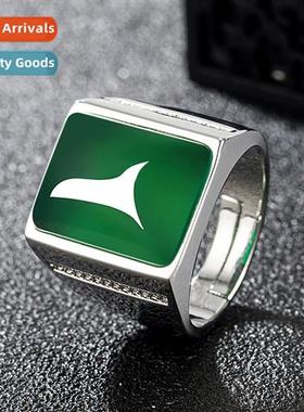 Ring mens retro ethnic style green chalcedy ring open micro-