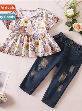 Girls spring  fall  2021 new n flowers printed short-sleeved