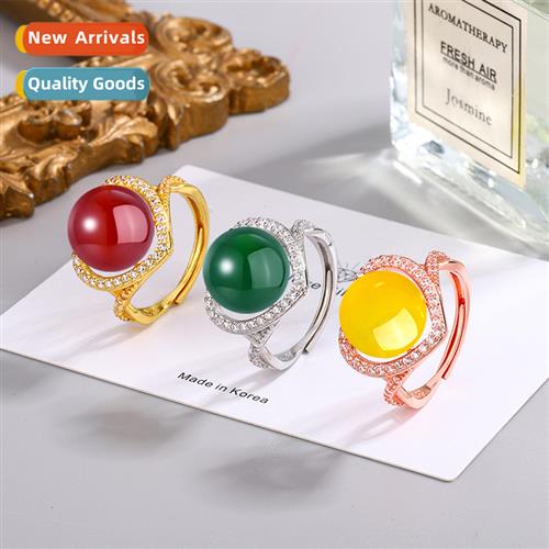 Opening adjustable natural green agate finger ring wh zirc v