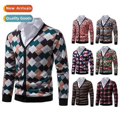Mens Diamd Pattern Cardigan Sweater V-Neck Tie Butt Kn Color