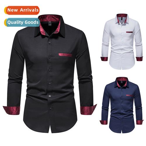 Mens Business Slim F Shirt Lg Sleeve Cashew Flower Patchwork