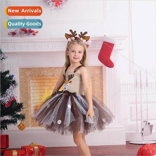 Europe Christmas elk girls dress cartoon deer sequins mesh t