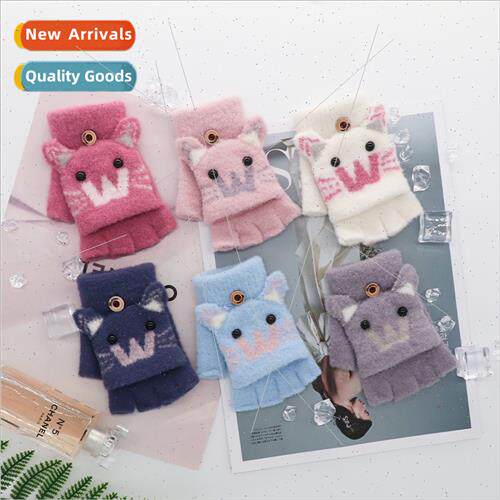 Faux sable children gloves cute cartoon kten animal half fin